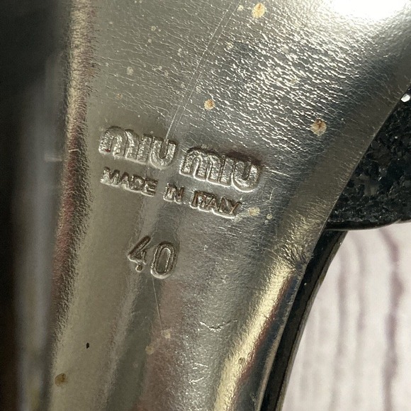 MIU MIU Heel Womens 9.5 Black Glitter Formal Ankle Platform Stiletto Night out - Picture 9 of 9